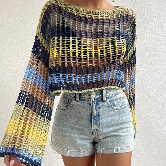 Multicolor Colorblock Women's Hollow Out top - Picture 3 of 6